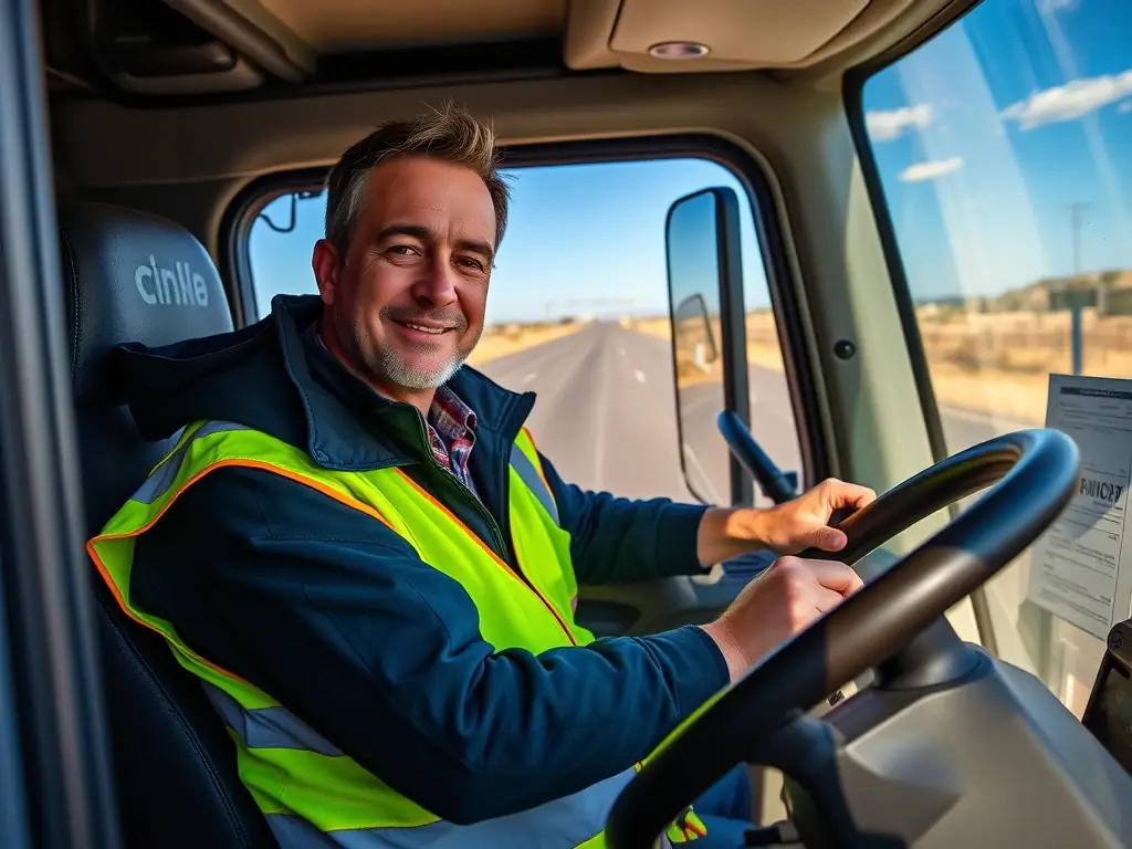 An image of a person confidently driving a semi-truck, symbolizing the trucking industry and professional driving skills.